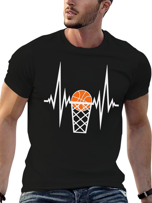 Basketball Heartbeat Graphic Tee - Black Cotton