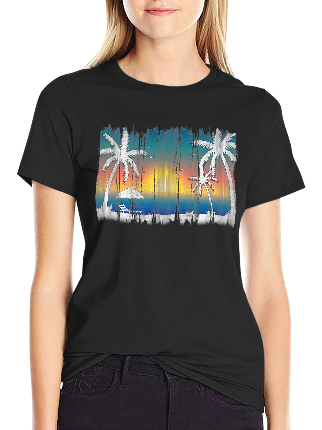 Tropical Beach Scene Mens Black T-Shirt