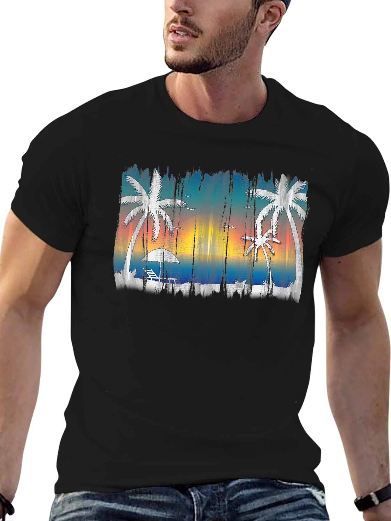 Tropical Beach Scene Mens Black T-Shirt