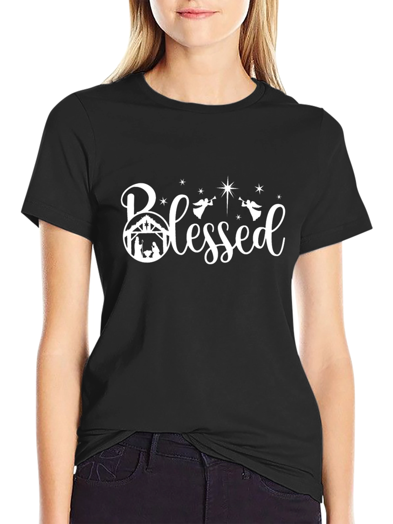 Blessed Nativity Scene Graphic Tee - Black
