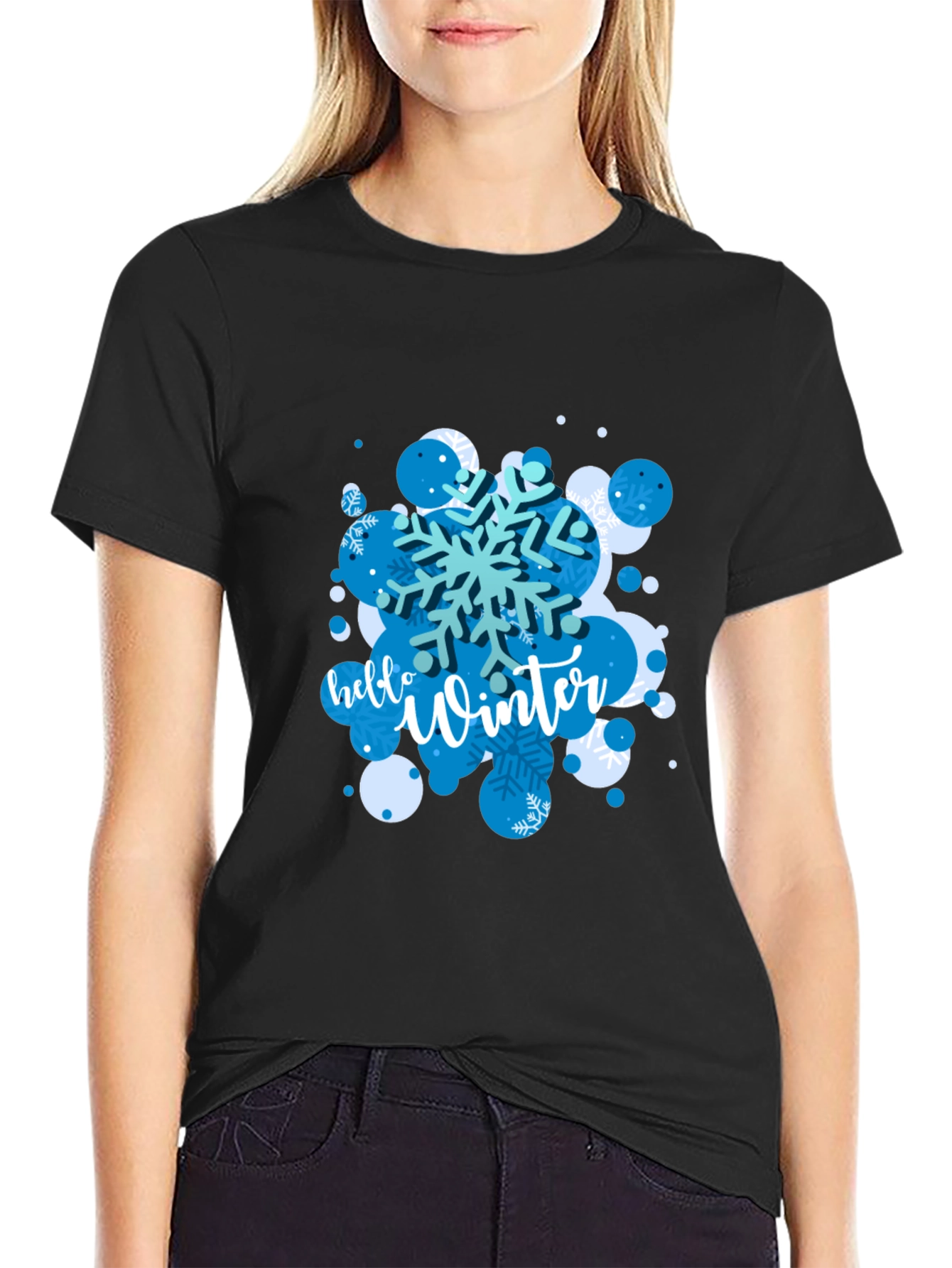 Hello Winter Snowflake Graphic Tee - Black