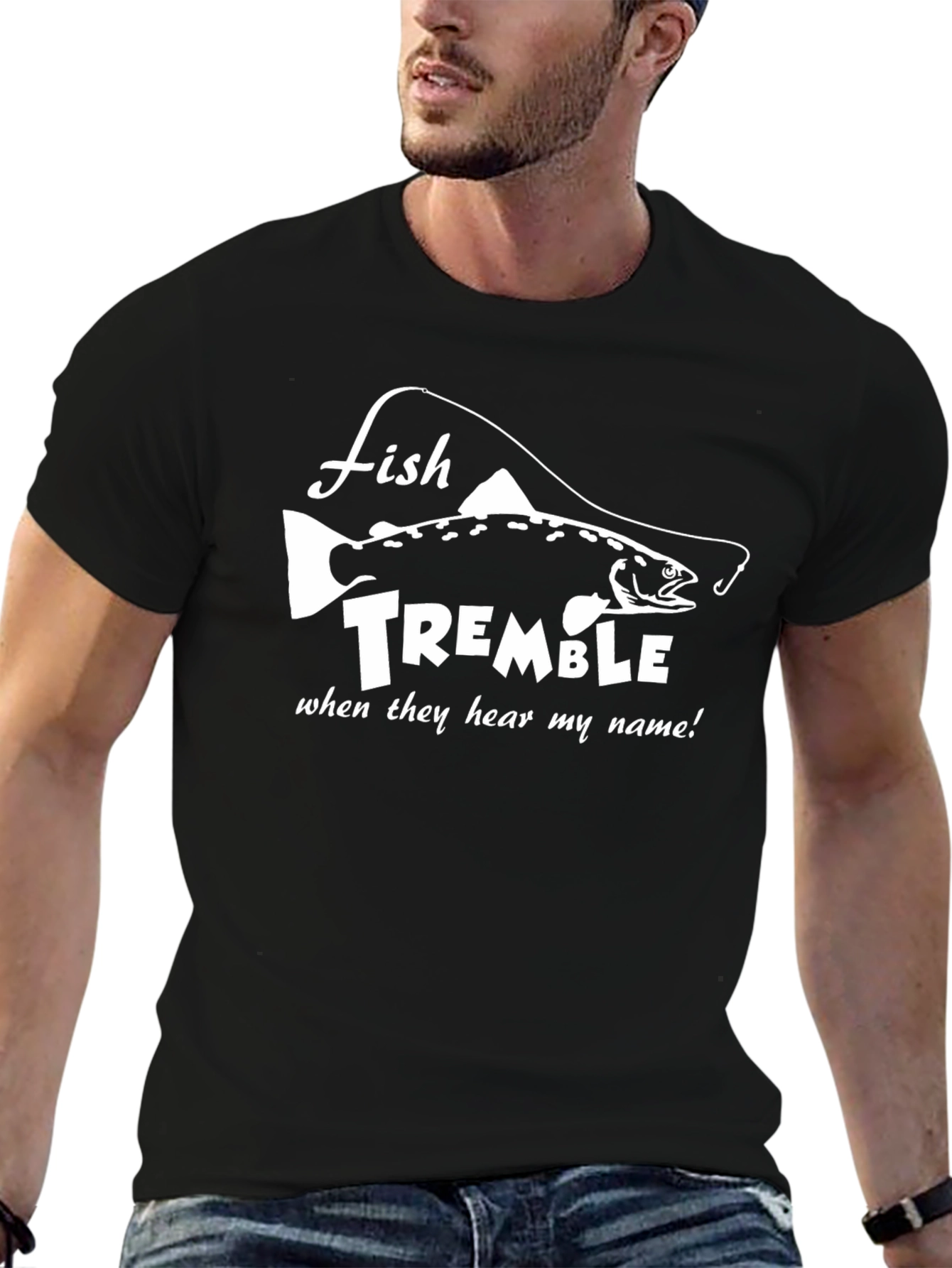 Fish Tremble Mens Black T-Shirt Funny Fishing Graphic Tee