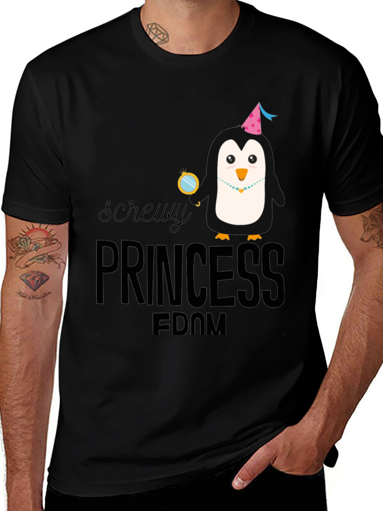 Screw Princessdom Penguin Graphic Tee - Unisex Black T-Shirt