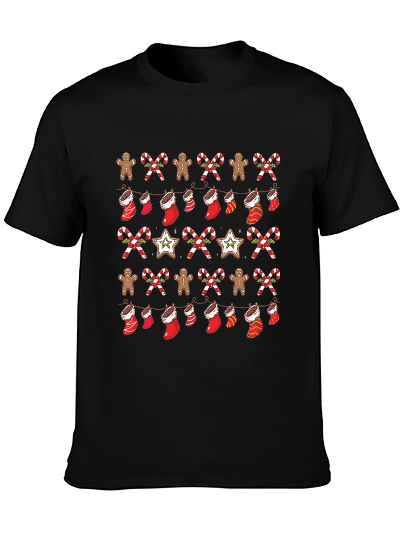 Festive Christmas Pattern Black T-Shirt