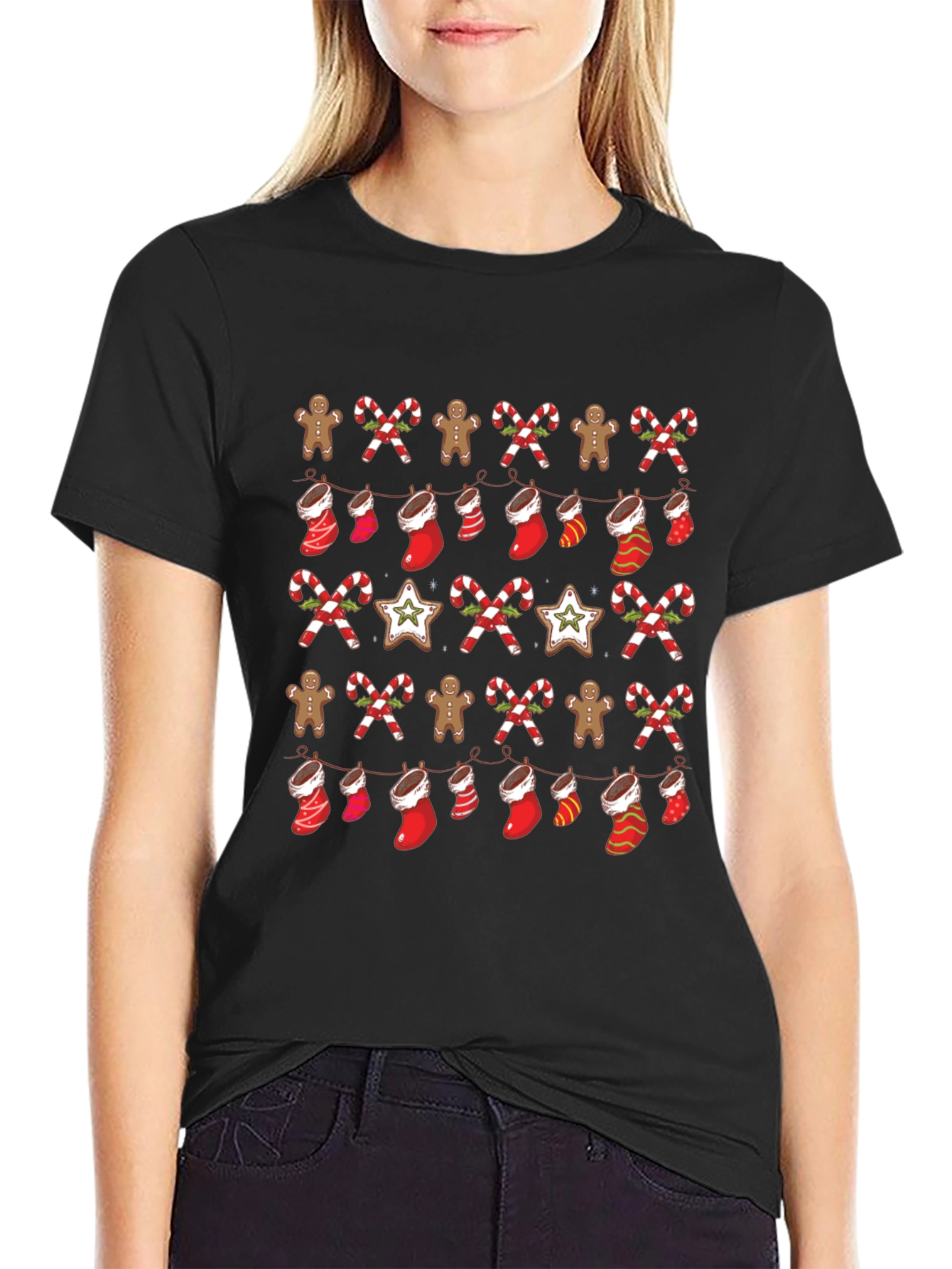 Festive Christmas Pattern Black T-Shirt