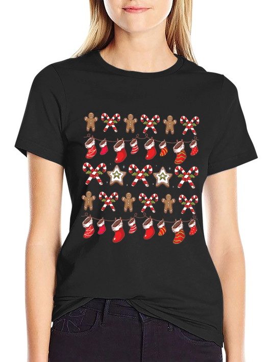 Festive Christmas Pattern Black T-Shirt