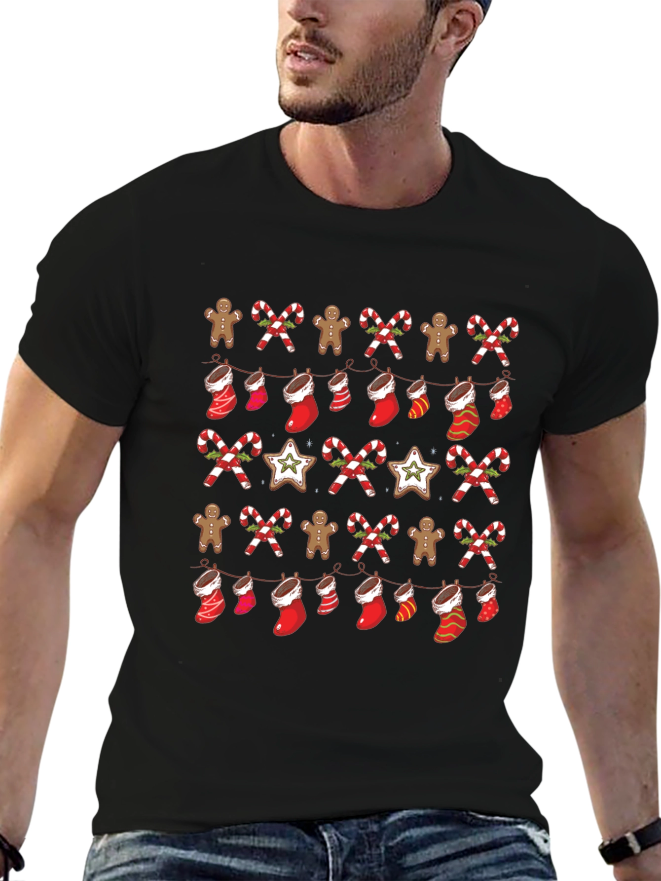Festive Christmas Pattern Black T-Shirt