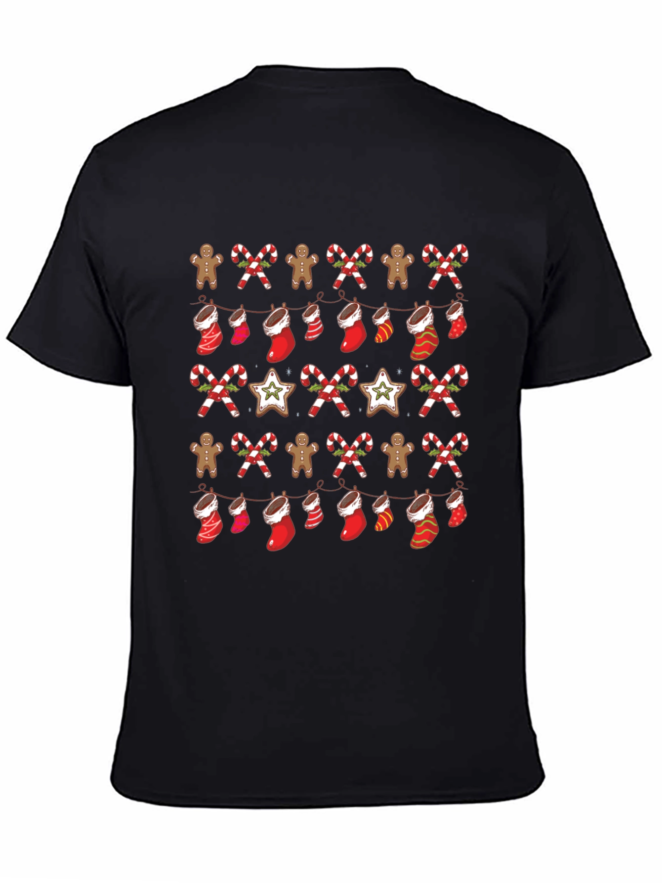 Festive Christmas Pattern Black T-Shirt
