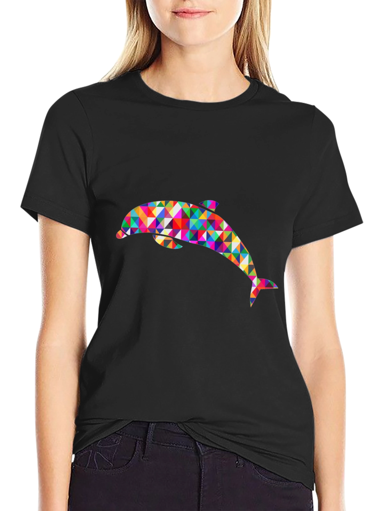 Geometric Dolphin Graphic Black T-Shirt