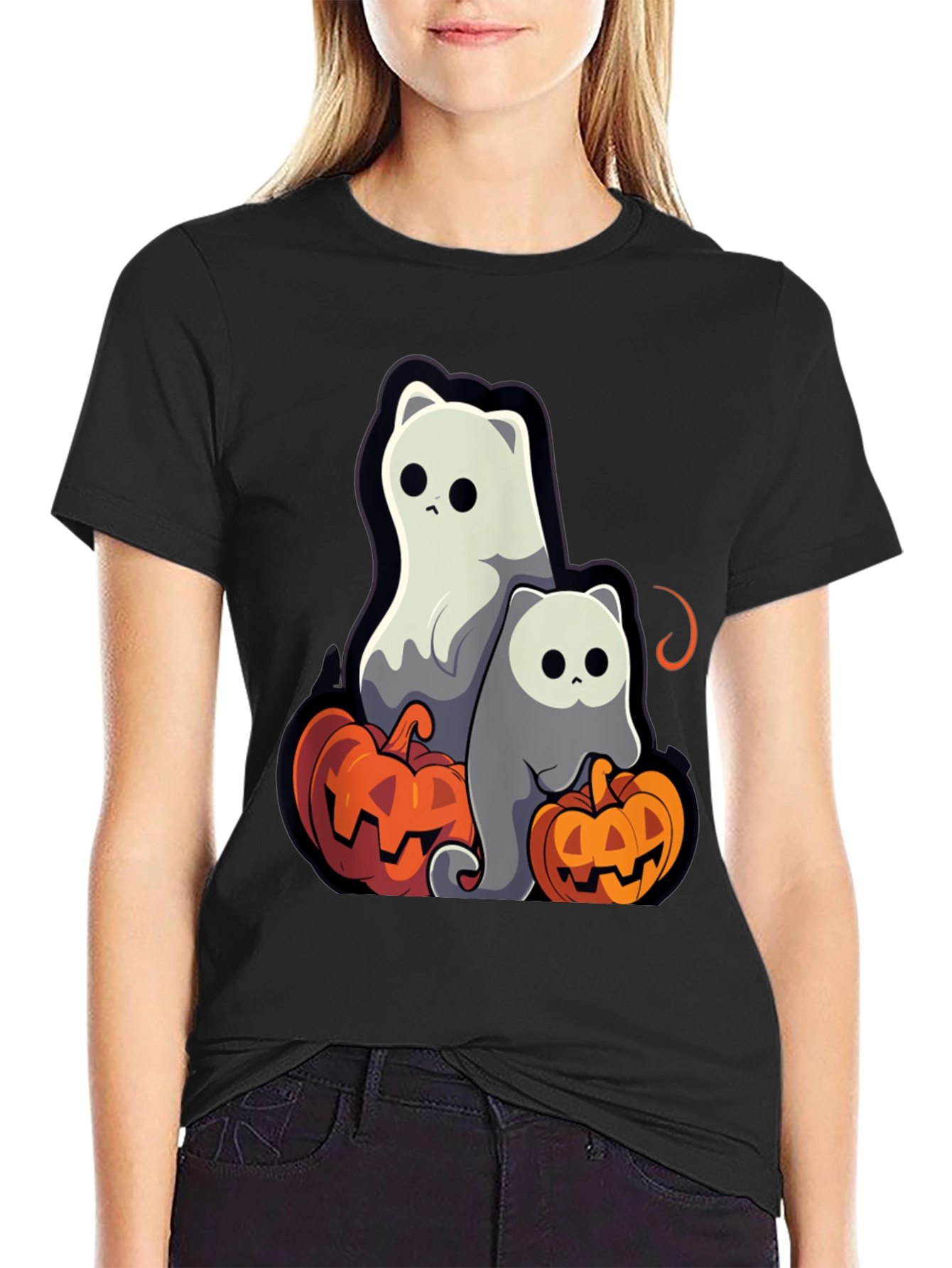 Halloween Ghost Cats & Pumpkins T-Shirt