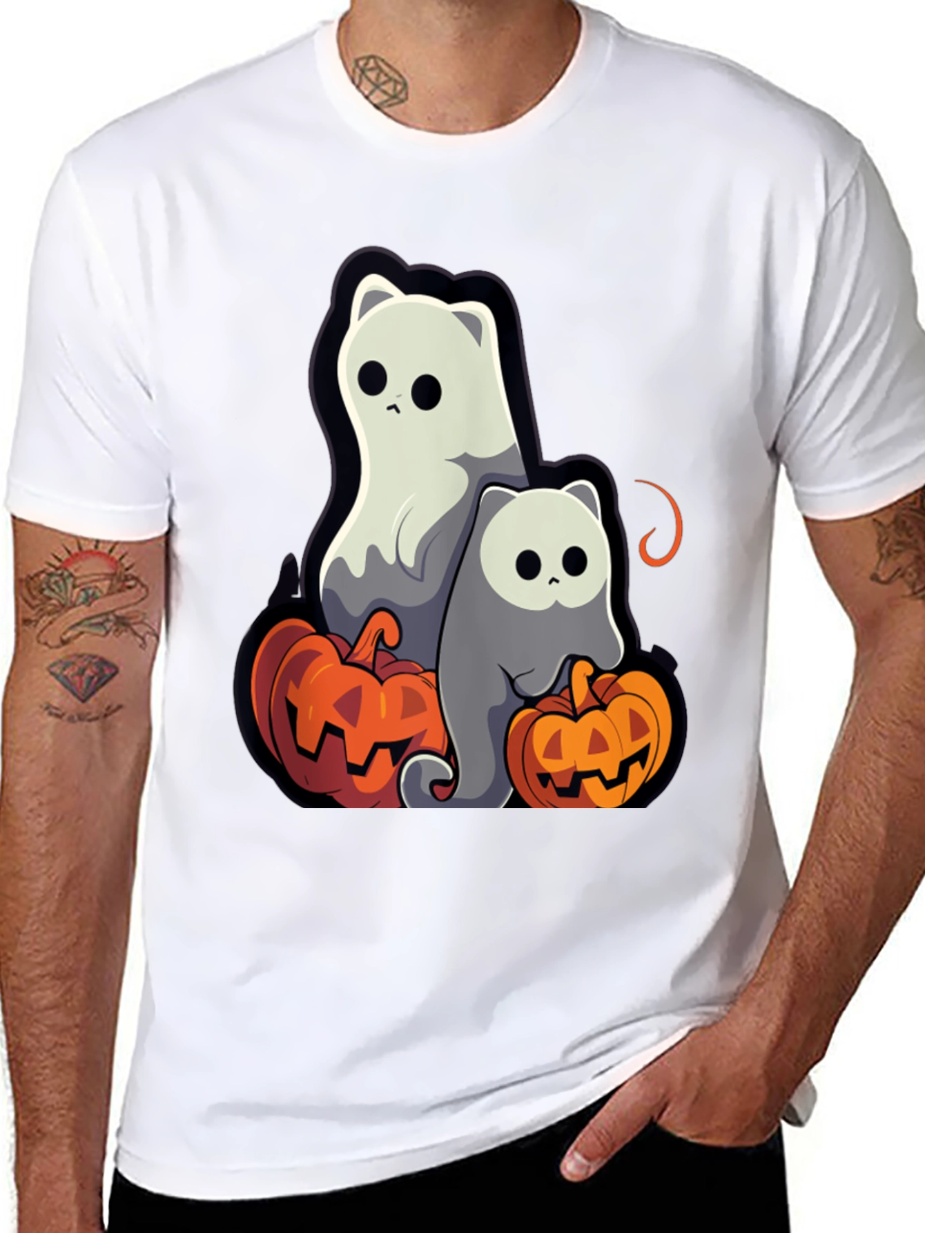 Halloween Ghost Cats & Pumpkins T-Shirt