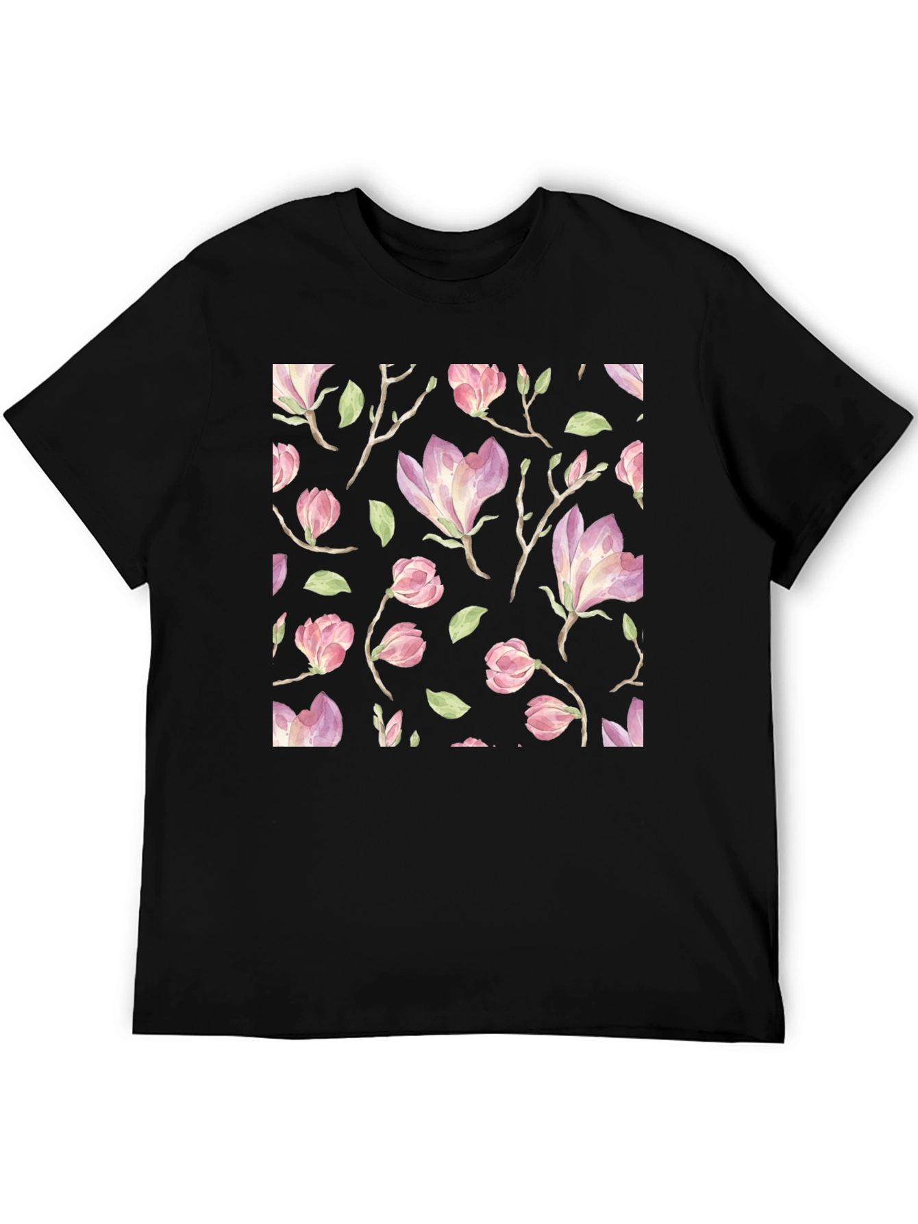 Floral Print T-Shirt - Black Cotton Blend