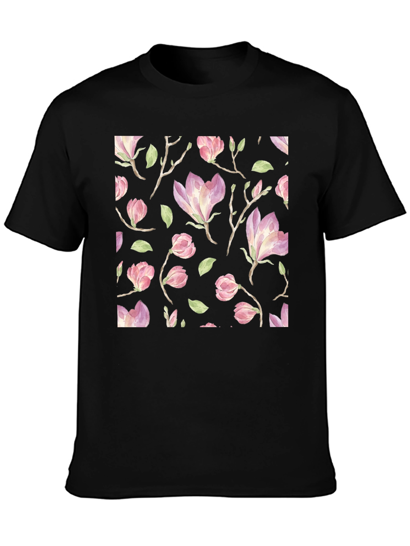 Floral Print T-Shirt - Black Cotton Blend