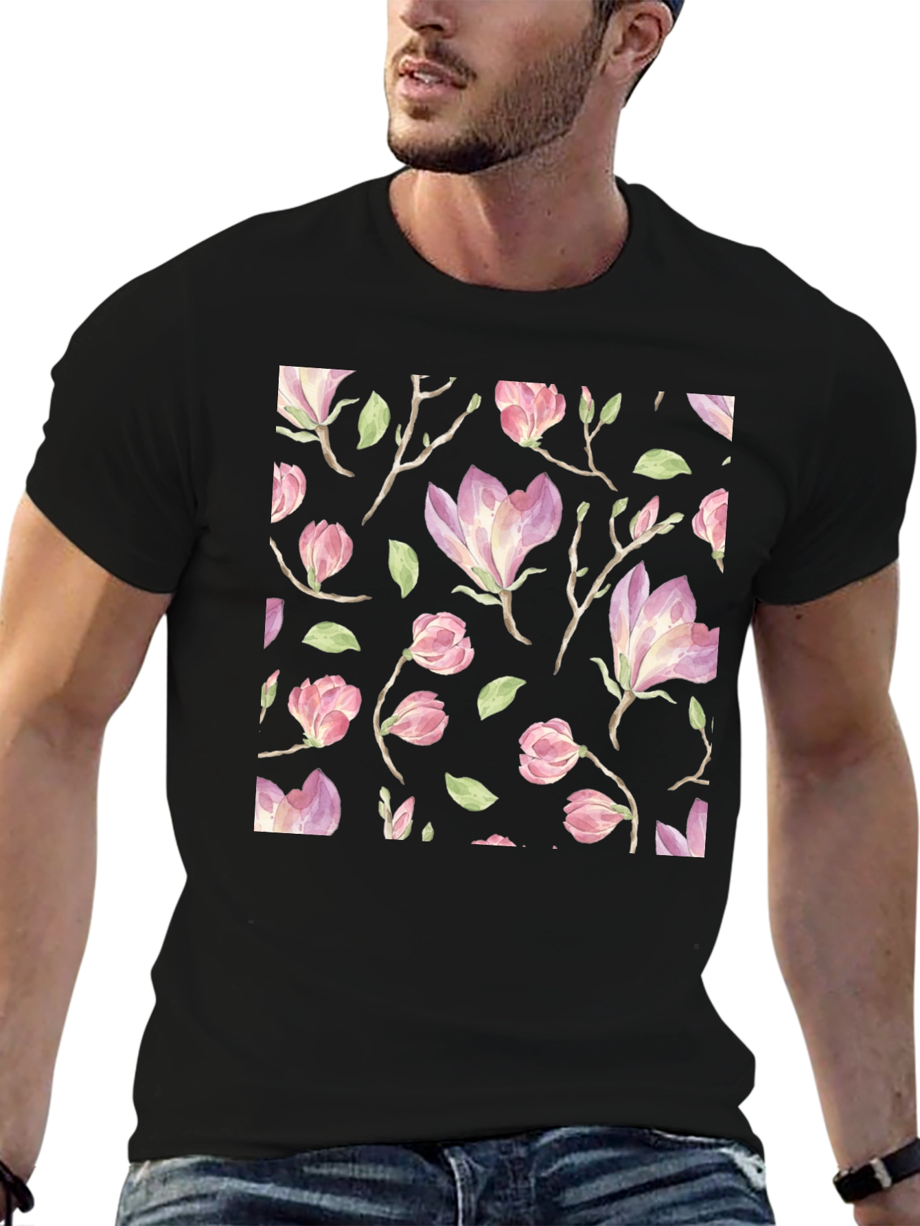 Floral Print T-Shirt - Black Cotton Blend