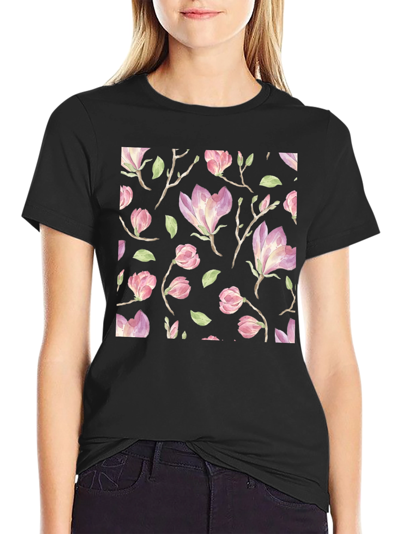 Floral Print T-Shirt - Black Cotton Blend