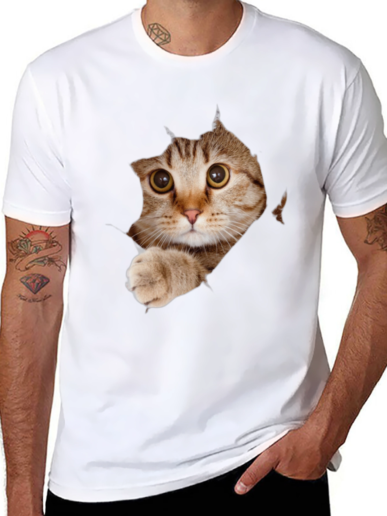 Cat Peeking Through Ripped T-Shirt - Unique Graphic Tee