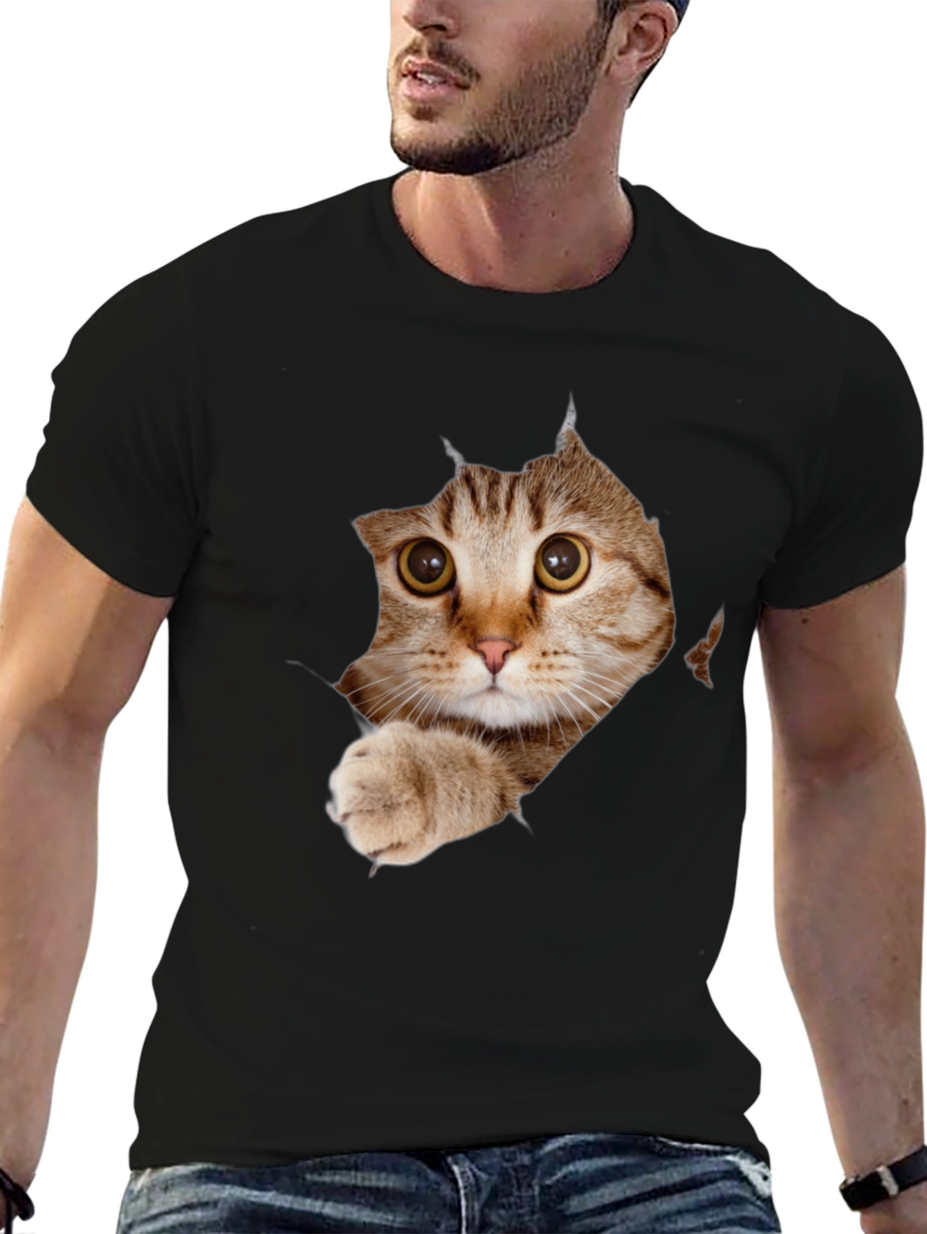 Cat Peeking Through Ripped T-Shirt - Unique Graphic Tee