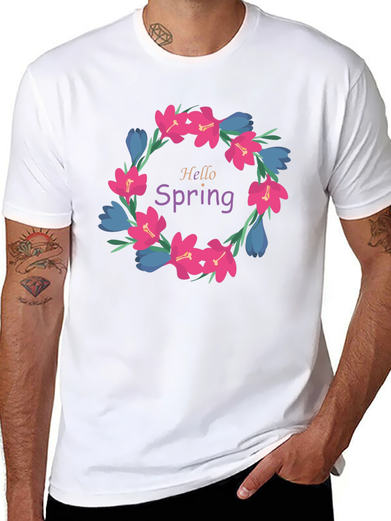 Hello Spring Floral Wreath Graphic T-Shirt