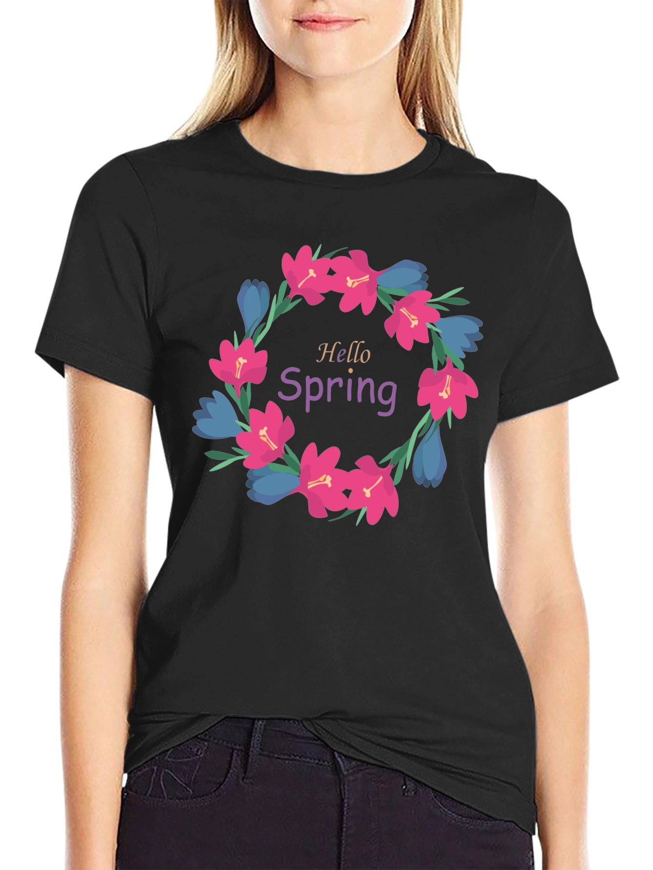 Hello Spring Floral Wreath Graphic T-Shirt