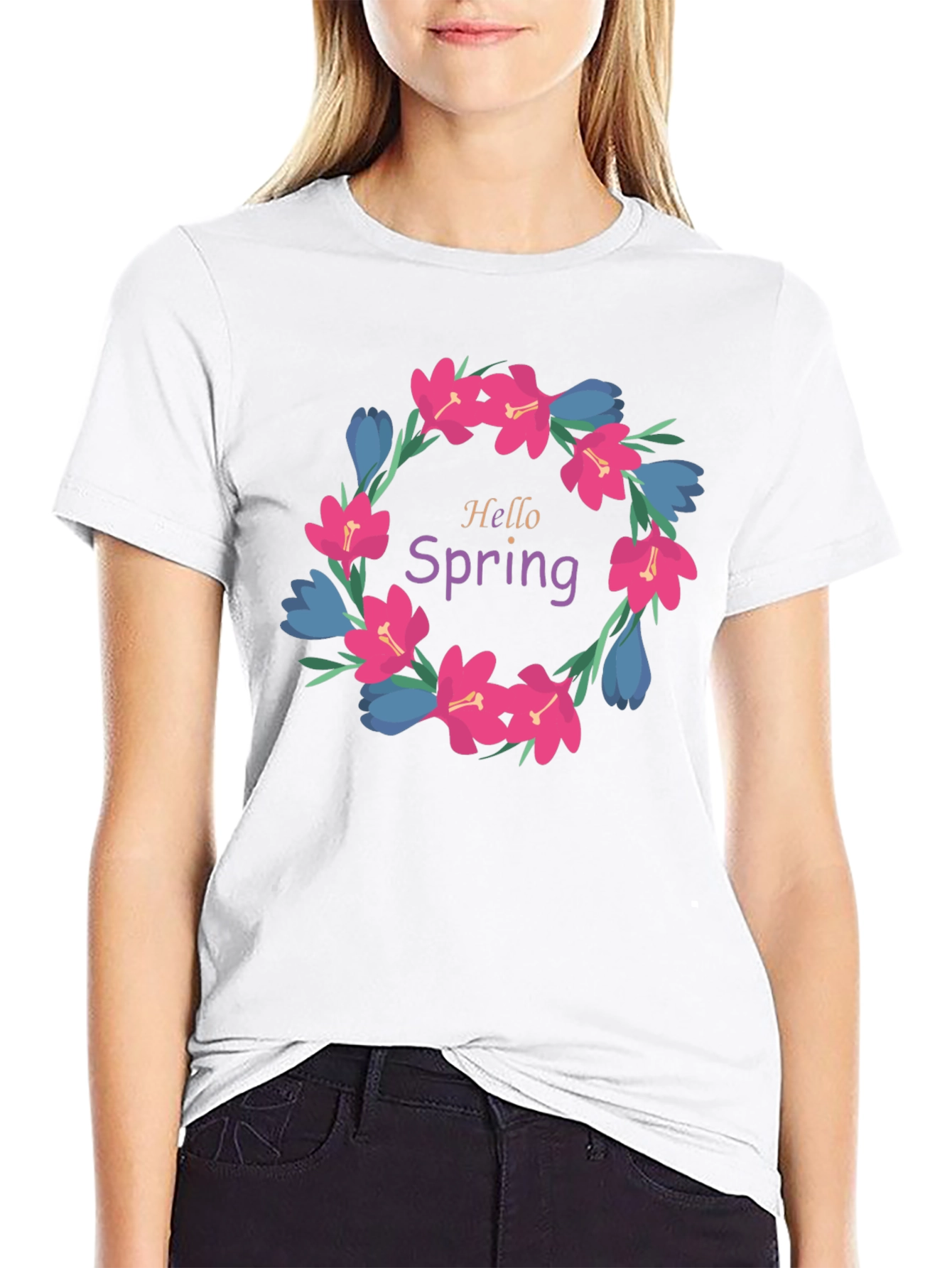 Hello Spring Floral Wreath Graphic T-Shirt