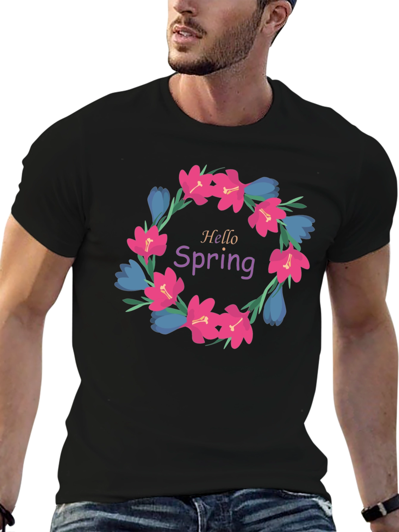 Hello Spring Floral Wreath Graphic T-Shirt