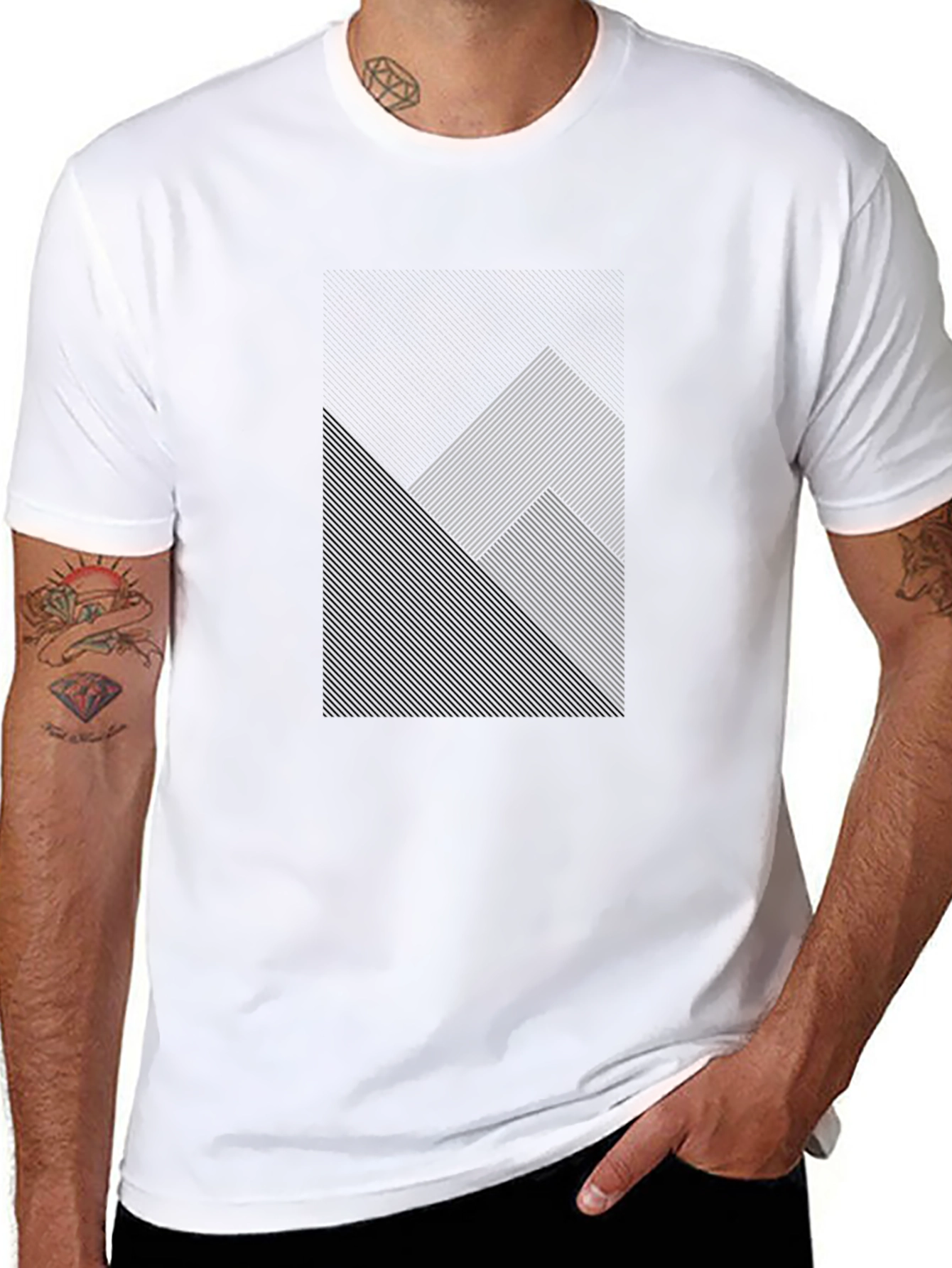Modern Geometric Line Pattern Black T-Shirt
