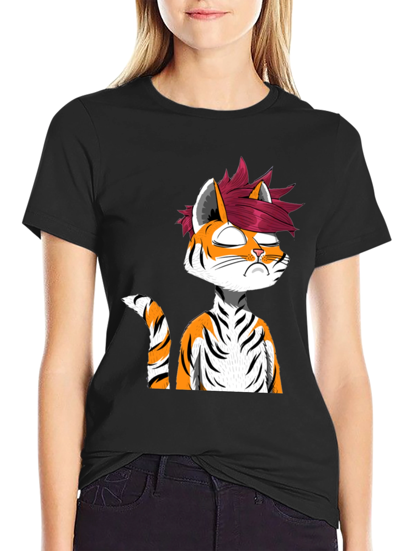 Edgy Anime Tiger Graphic Tee - Black T-Shirt