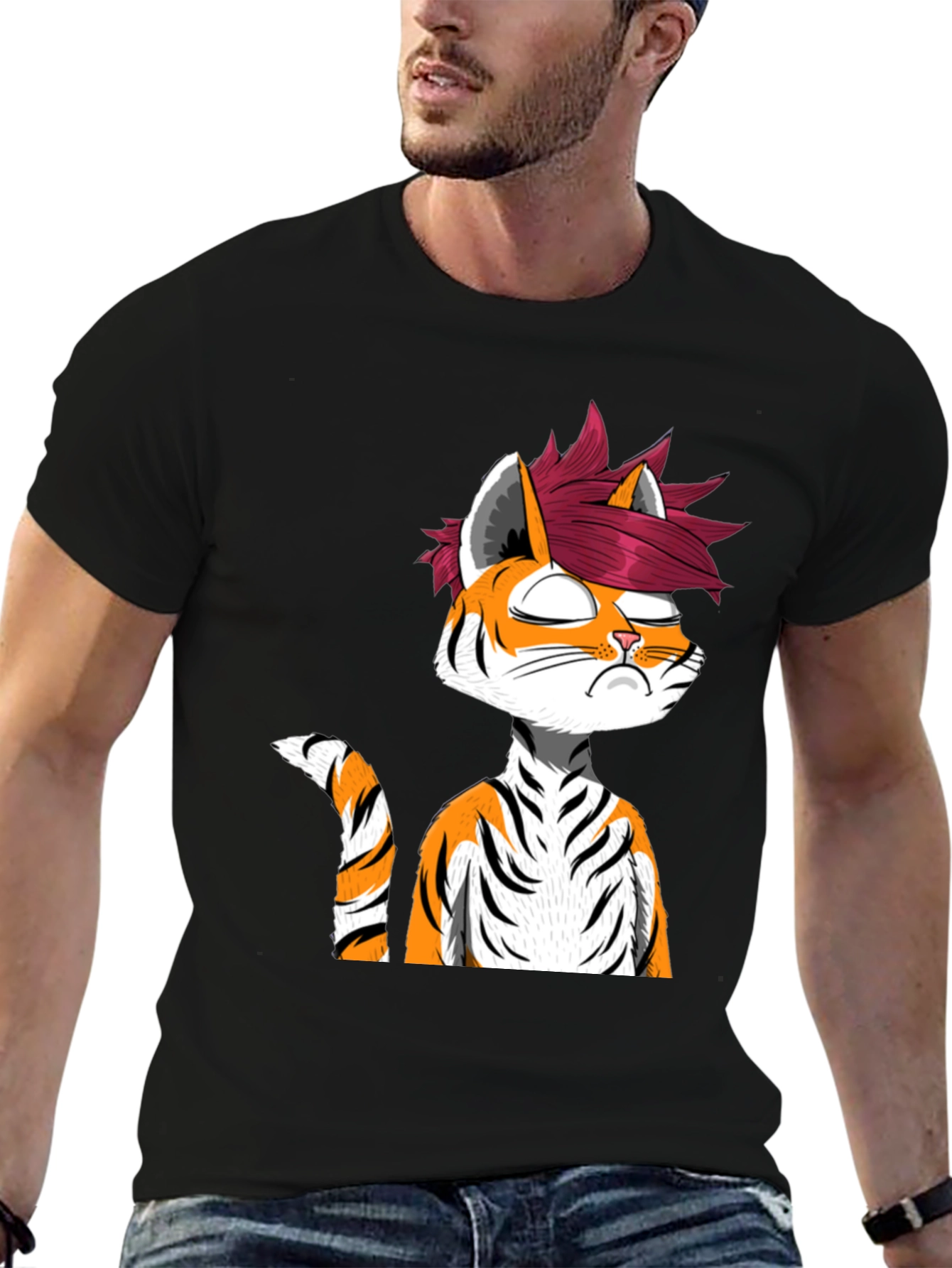 Edgy Anime Tiger Graphic Tee - Black T-Shirt