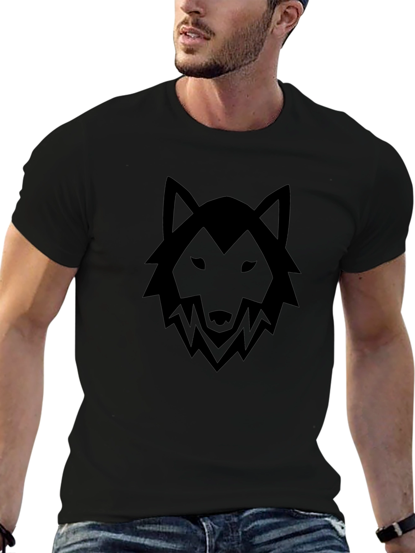 Mens Black T-Shirt with Wolf Graphic