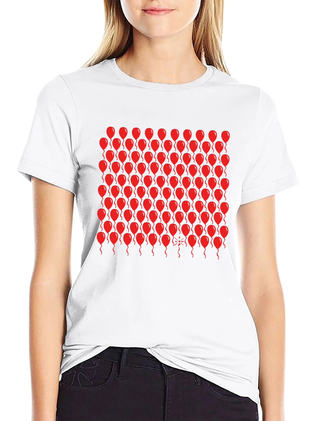 Black T-Shirt with Red Balloon Pattern