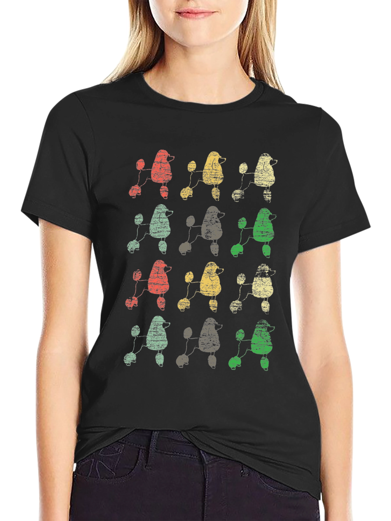 Retro Poodle Print Black T-Shirt