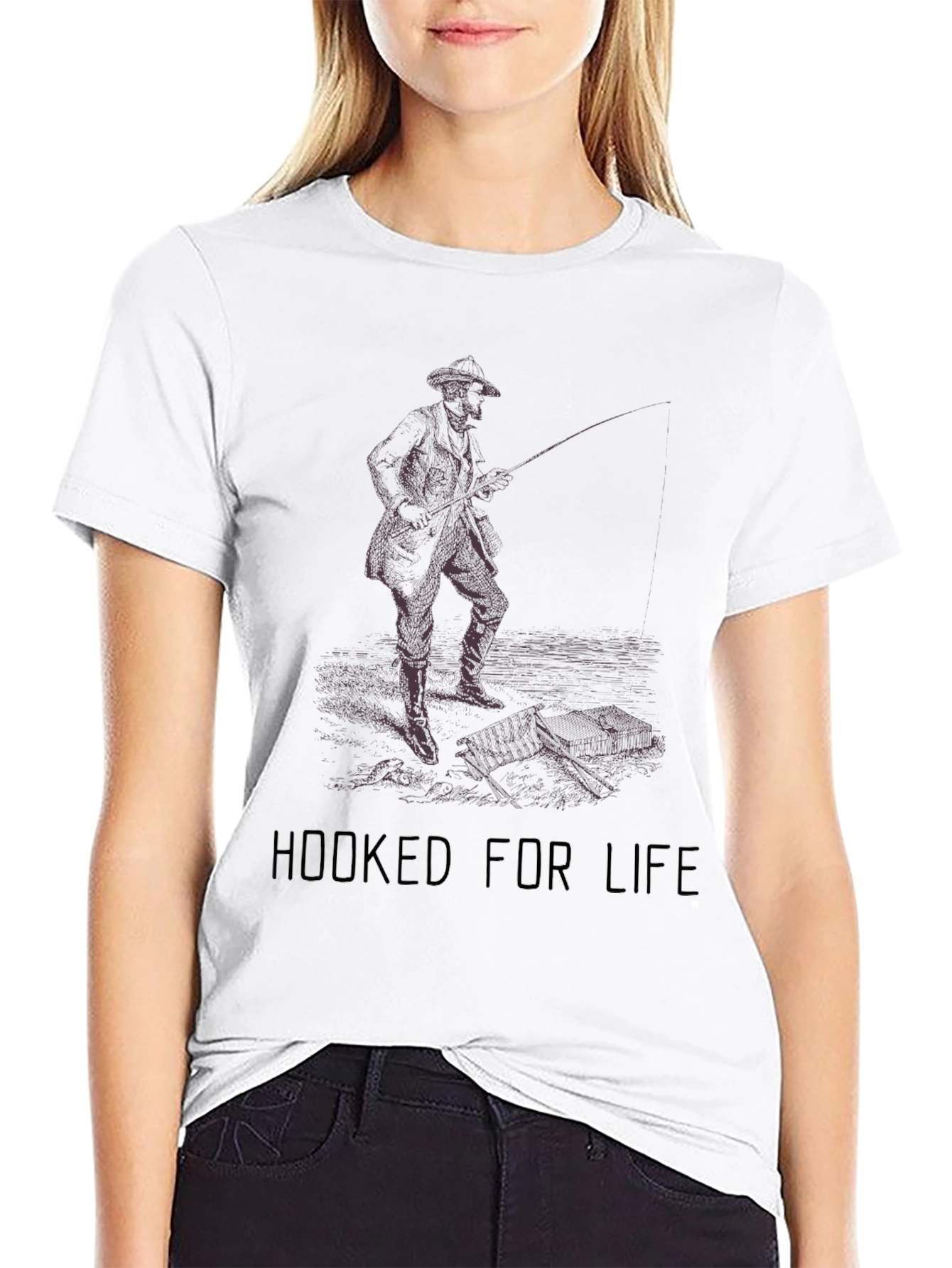 Hooked For Life Fishing Graphic Tee - Black