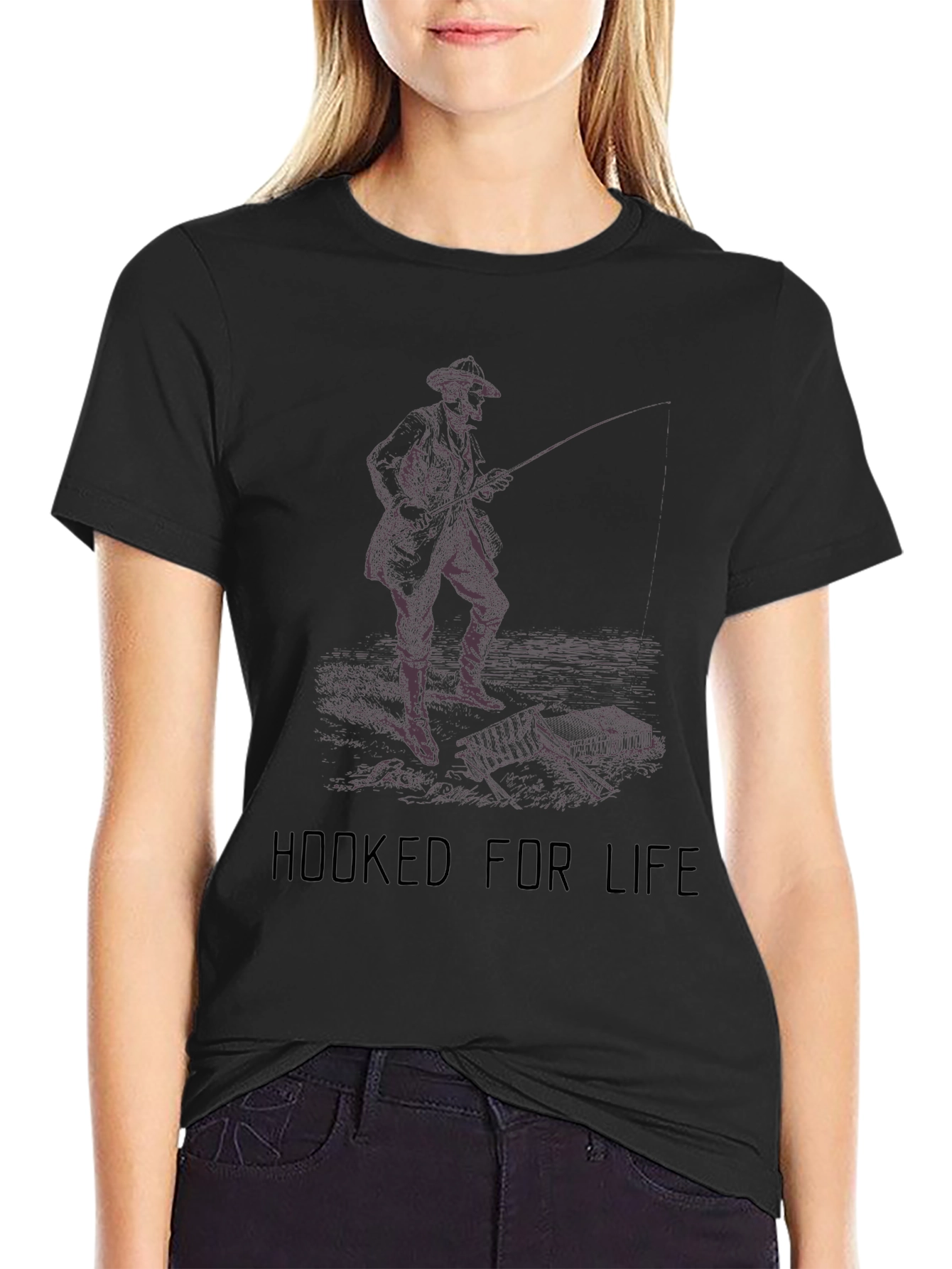 Hooked For Life Fishing Graphic Tee - Black