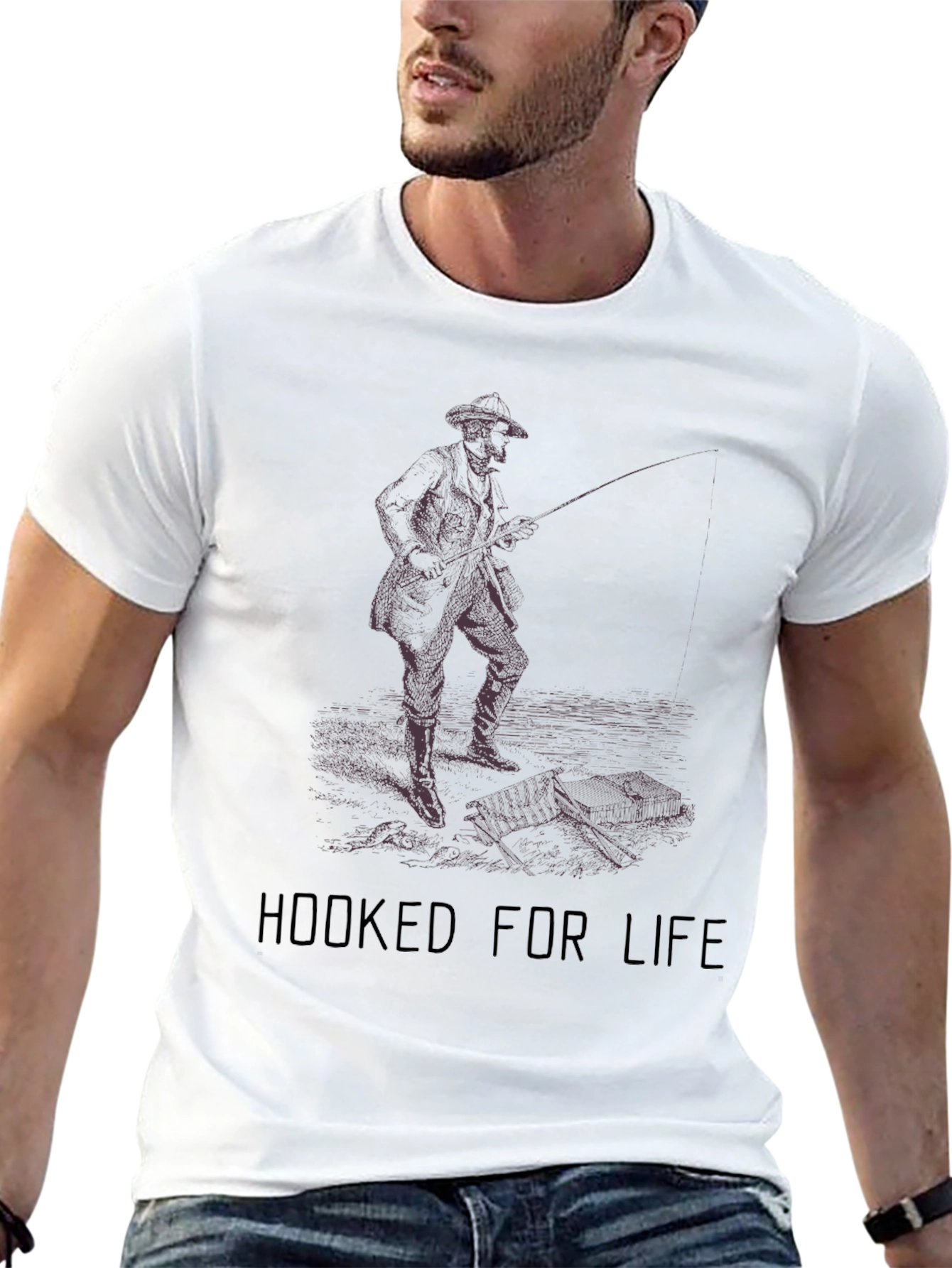 Hooked For Life Fishing Graphic Tee - Black