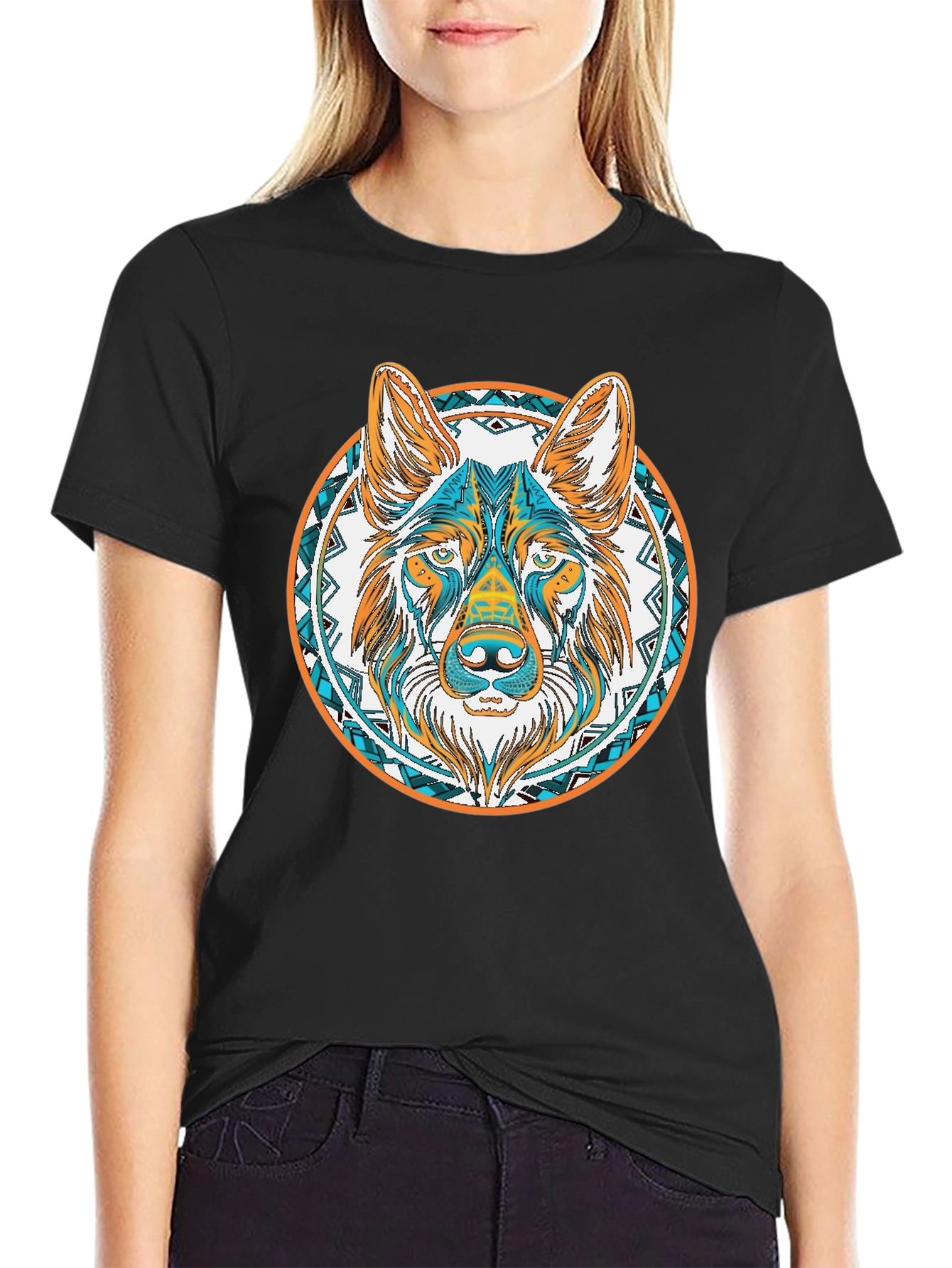 Aztec Wolf Graphic Tee - Black Cotton T-Shirt