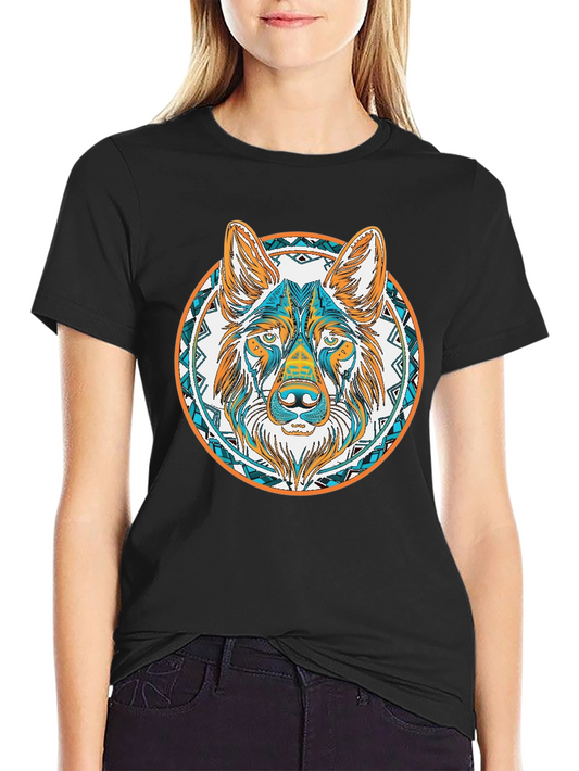 Aztec Wolf Graphic Tee - Black Cotton T-Shirt