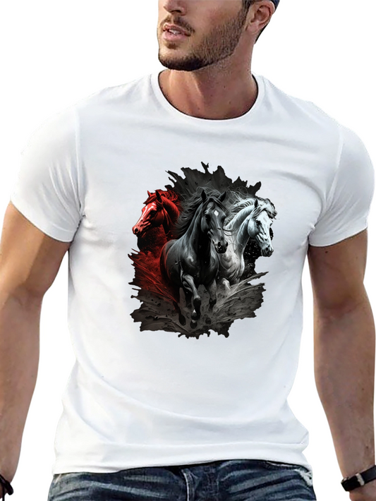 Horse Trio Graphic Tee - Stylish Crew Neck T-Shirt