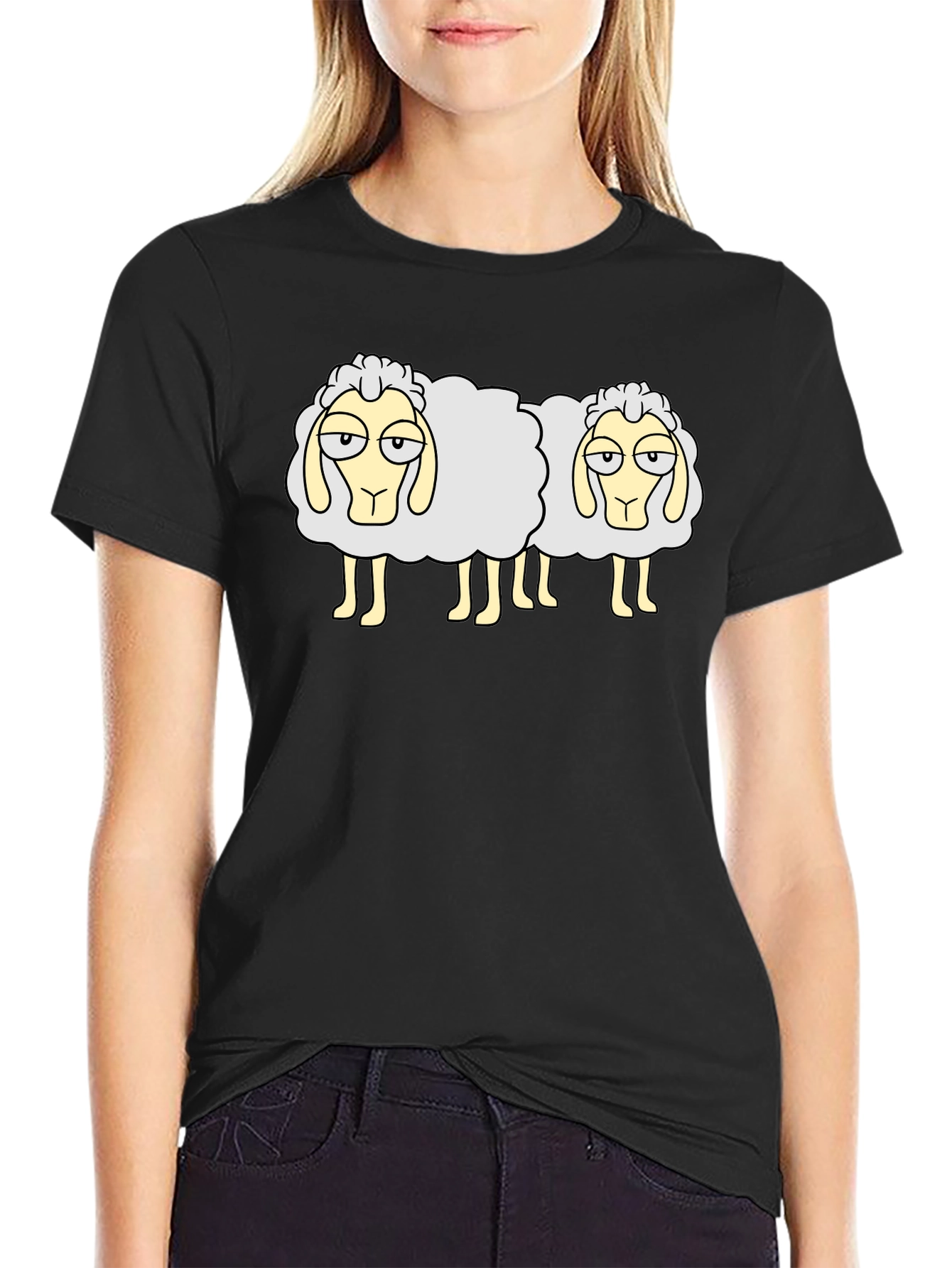 Two Sheep Black T-Shirt - Funny Cartoon Design