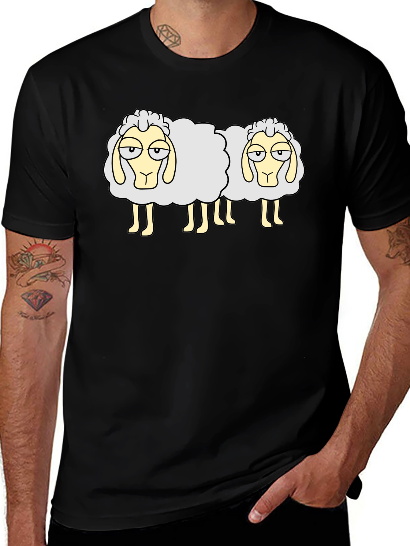 Two Sheep Black T-Shirt - Funny Cartoon Design