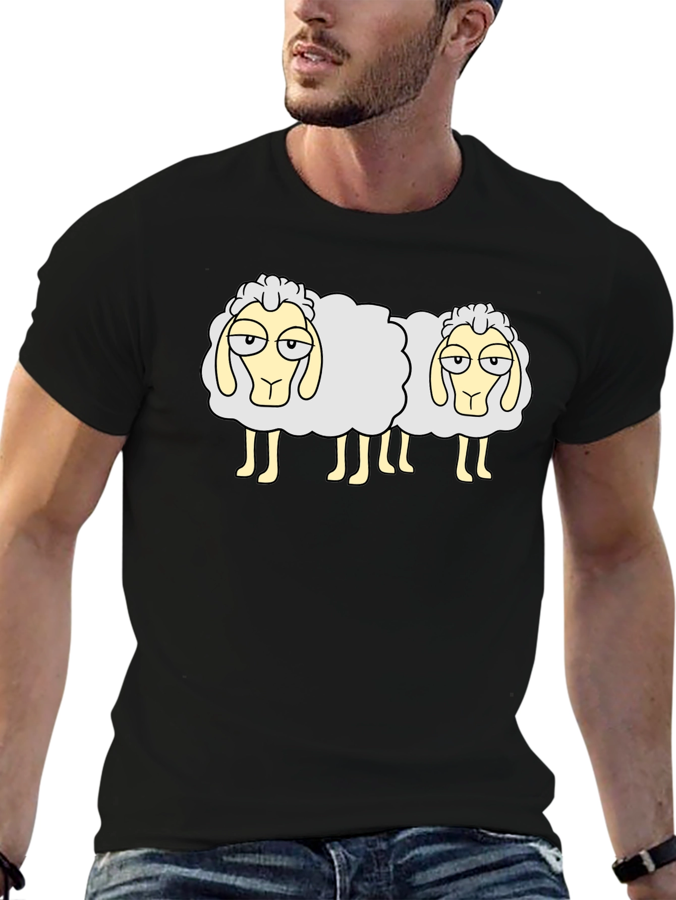Two Sheep Black T-Shirt - Funny Cartoon Design