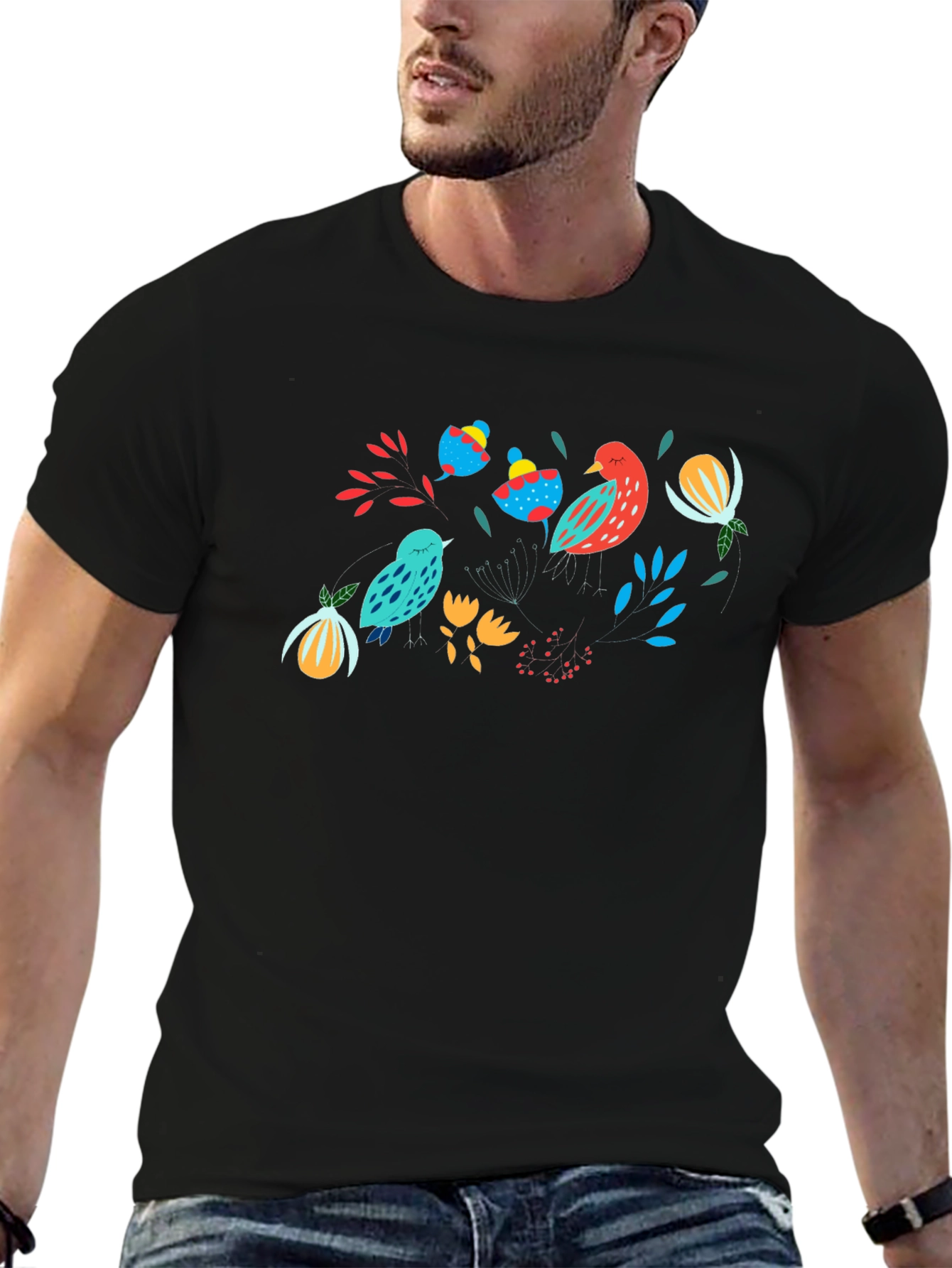 Nature Birds Graphic Black T-Shirt