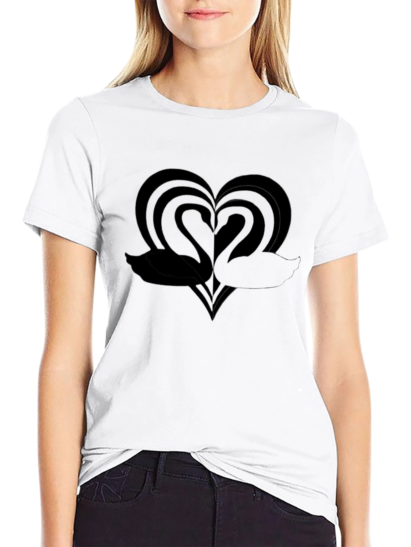 Elegant Swan Heart Graphic Black T-Shirt