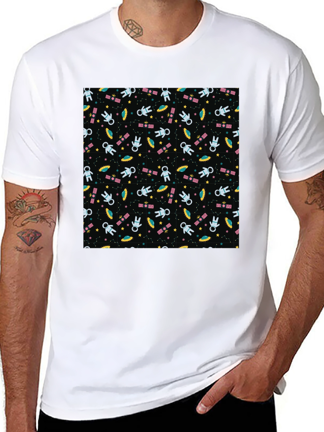 Space Pattern T-Shirt - Astronauts UFOs & Stars!