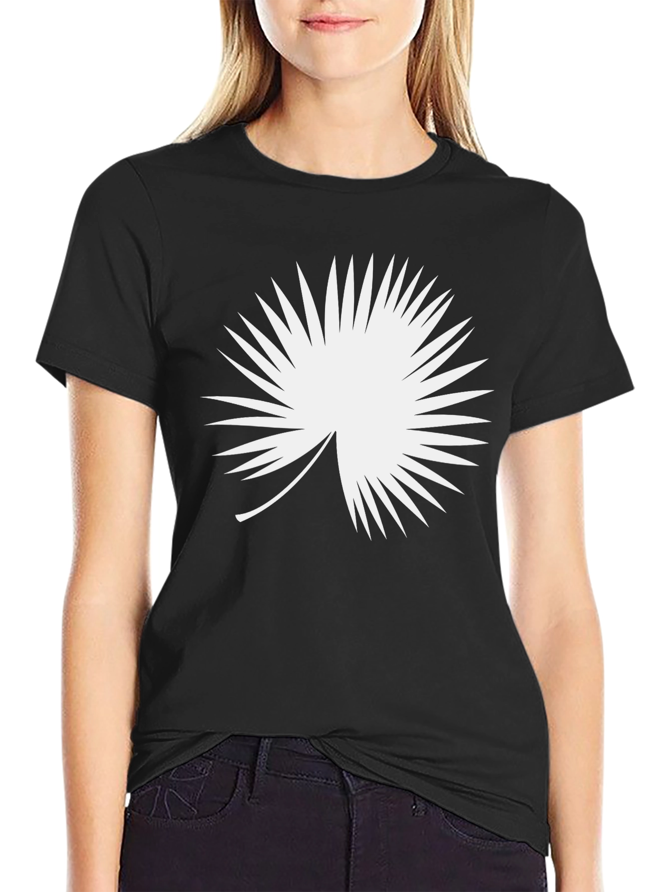 Modern Black T-Shirt with White Palm Leaf Design