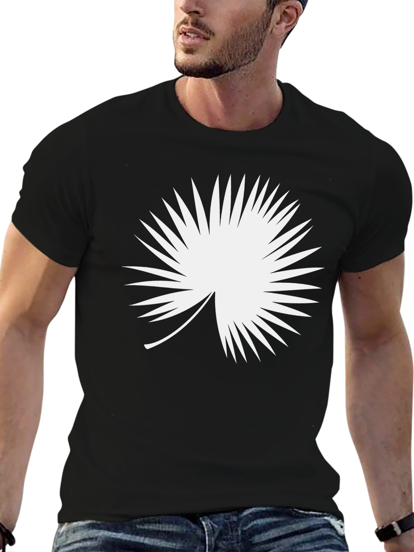 Modern Black T-Shirt with White Palm Leaf Design