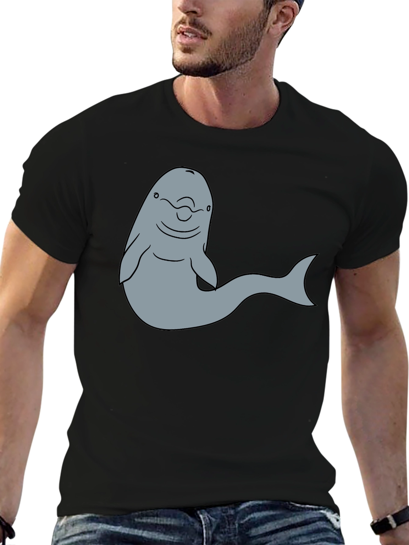 Cartoon Dolphin Graphic Tee - Black T-Shirt