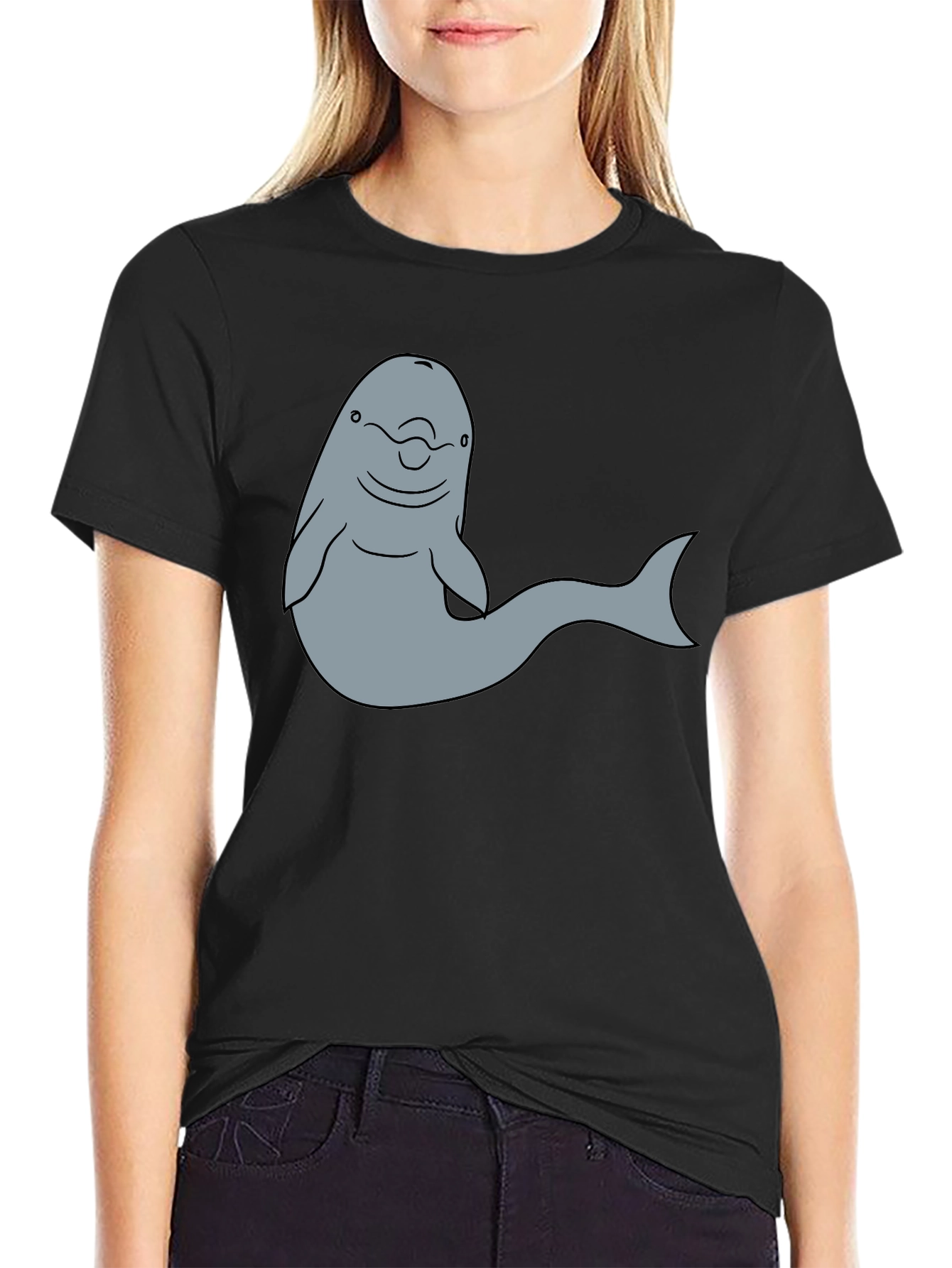 Cartoon Dolphin Graphic Tee - Black T-Shirt