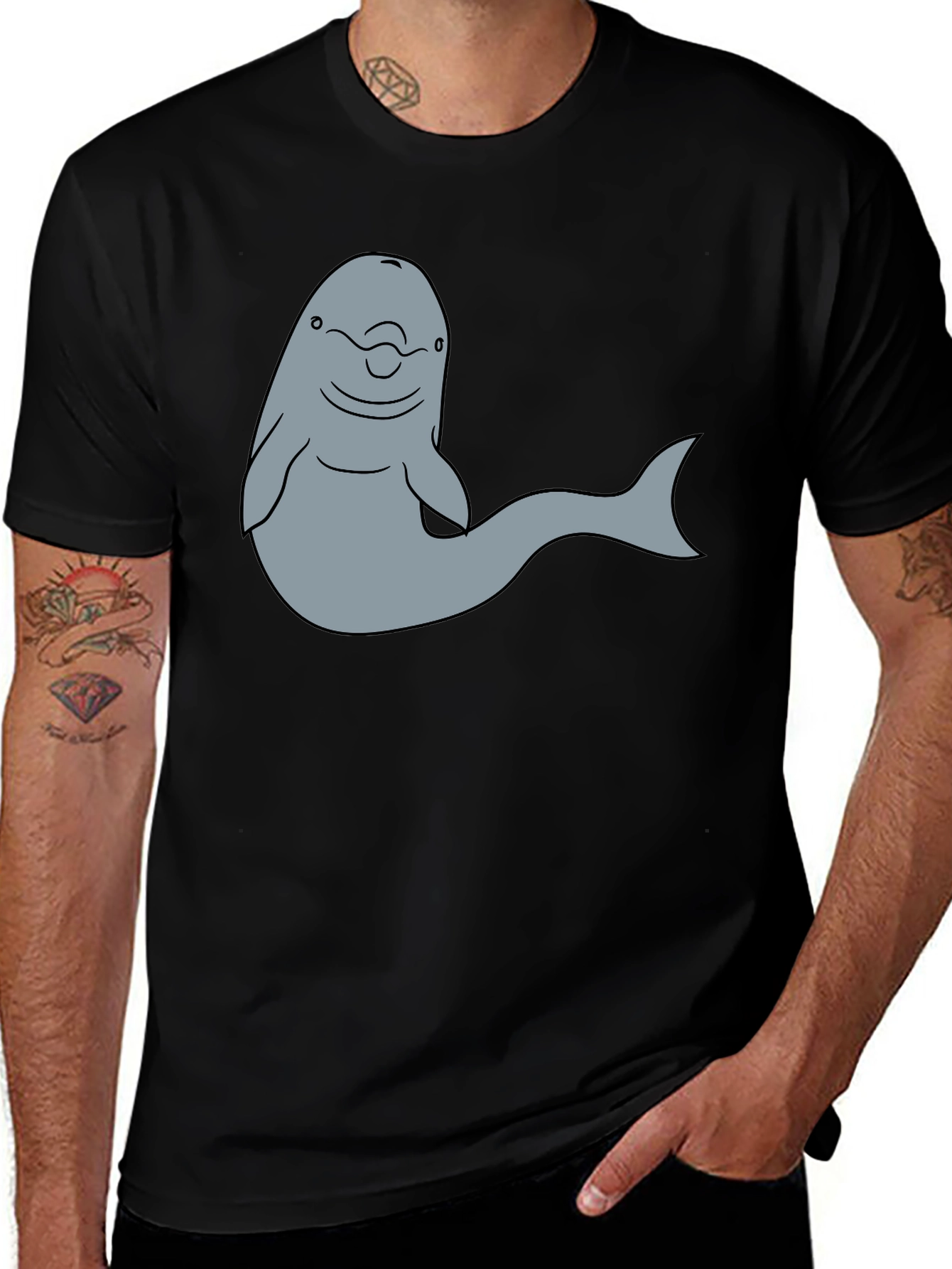 Cartoon Dolphin Graphic Tee - Black T-Shirt