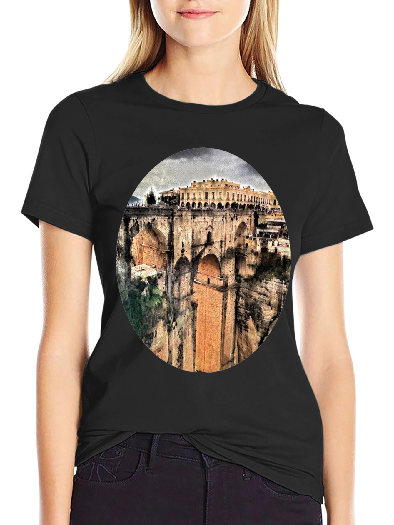 Ronda Bridge View Graphic Tee - Black Cotton T-Shirt
