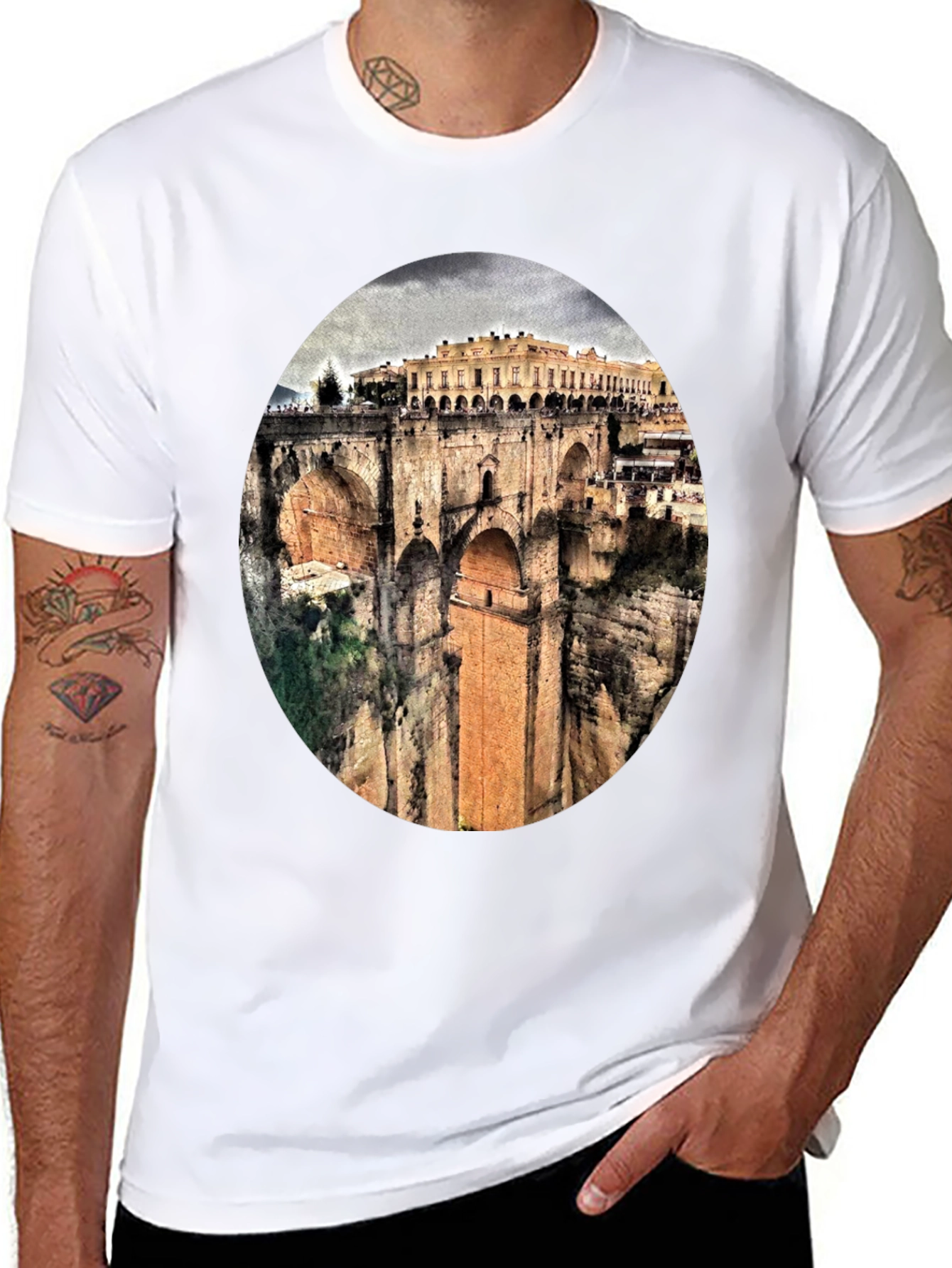 Ronda Bridge View Graphic Tee - Black Cotton T-Shirt